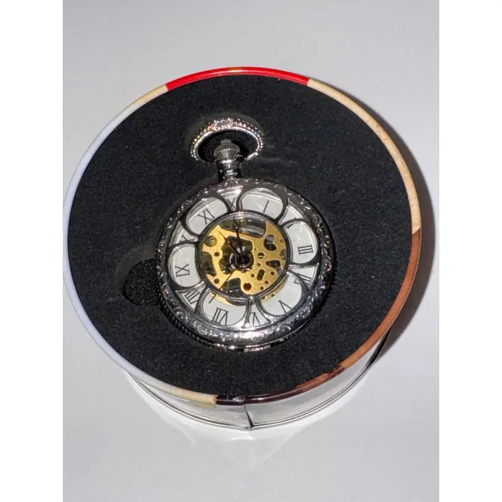 Kansas City Railroad Skeleton Pocket Watch Silver Tone Roman Numeral With‎ Tin